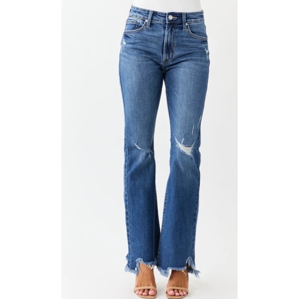 KanCan Premier Medium Wash Distressed High Rise Stretch Sharkbite Hem Jeans 9x32